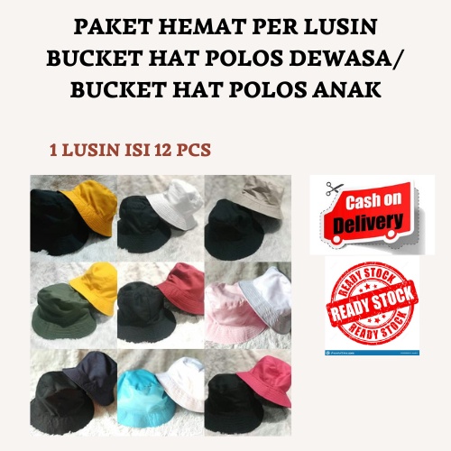 Paket Hemat Harga Grosir Per Lusin Bucket Hat Polos Ukuran Dewasa &amp; Bucket Hat Polos Anak