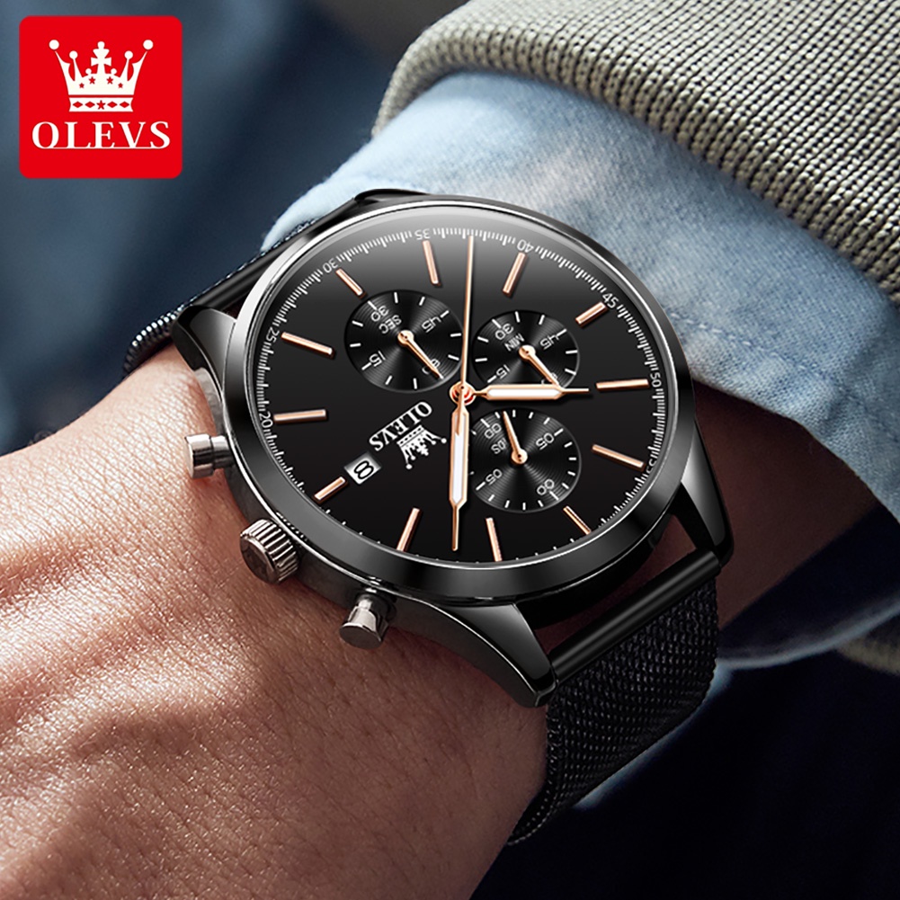 OLEVS Jam Tangan Pria Original Anti Air Tahan Luminous Fashion Analog Chronograph Stainless Steel Watch Men