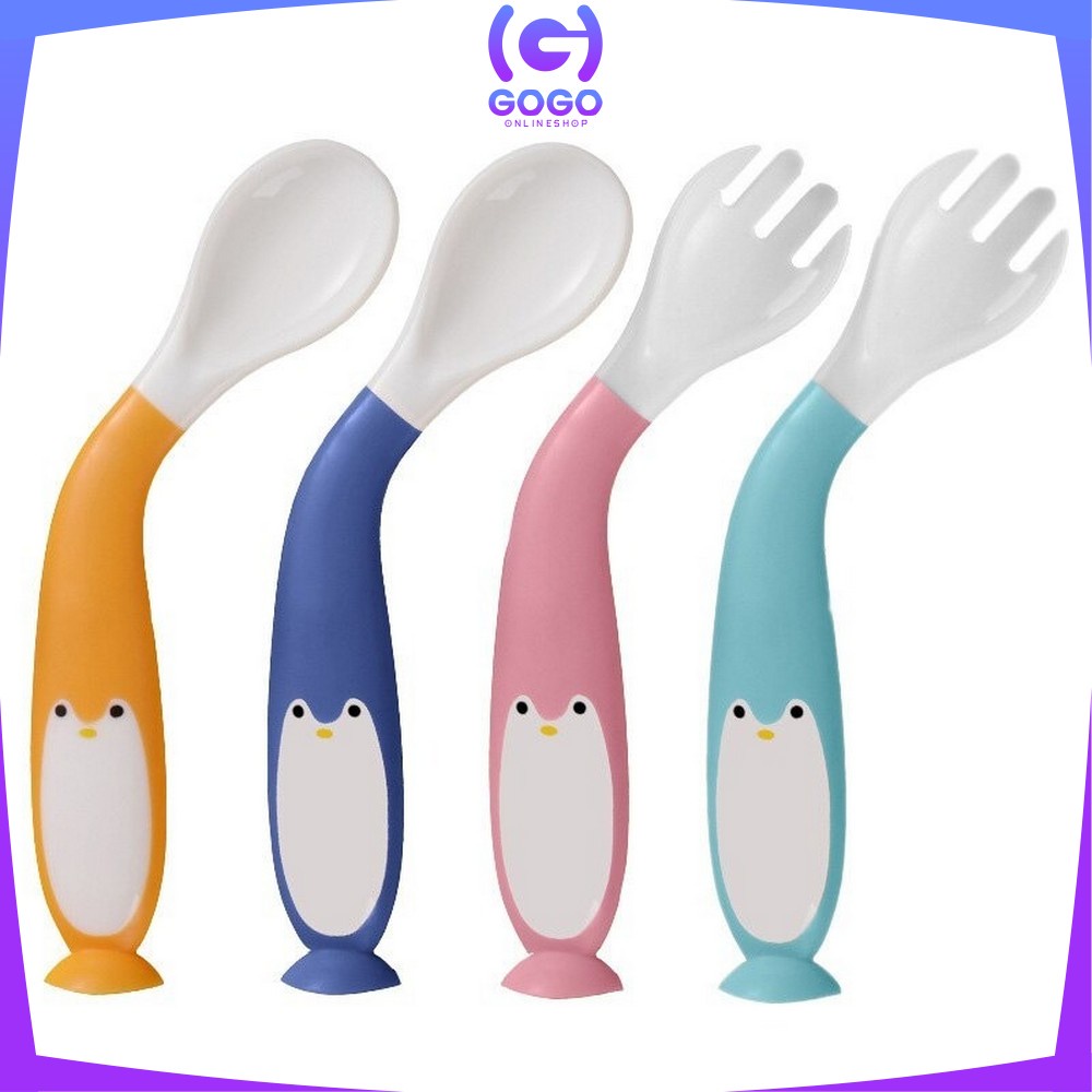 GOGO-C345 Sendok Bengkok Bayi Sendok Garpu Set Anak / Sendok Makan Bayi Silikon Fleksibel Spoon BPA FREE / Sendok Bayi Bengkok