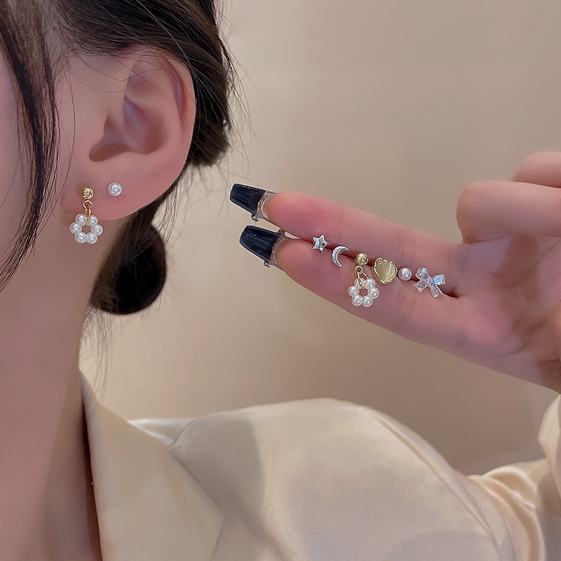 Roselife 12pcs / Set Anting Tusuk Silver S925 Gaya Korea Motif Kupu-Kupu / Bulan / Bintang / Bunga / Mutiara Untuk Wanita