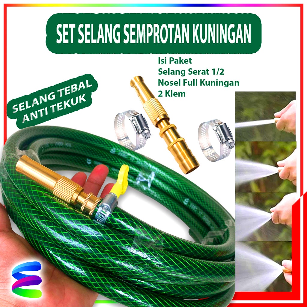 Promo Paket Selang Serat Benang Semprotan Cuci Motor Cuci Mobil Selang Air Serat Benang Anti Tekuk Plus Nosel Kuningan Free Klem 2 - Selang Taman Selang Air Serat Benang