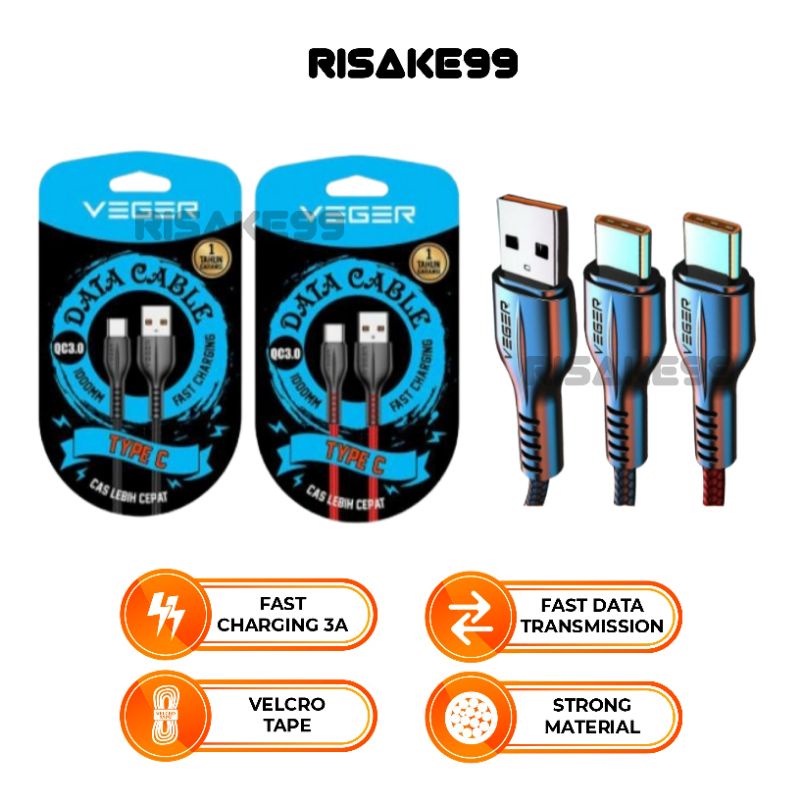 Kabel TYPE C USB Cable Data TYPE C VEGER VG18 3.0A Fash Charge 1 Meter / VEGER VG18 1000mm Bisa Digu
