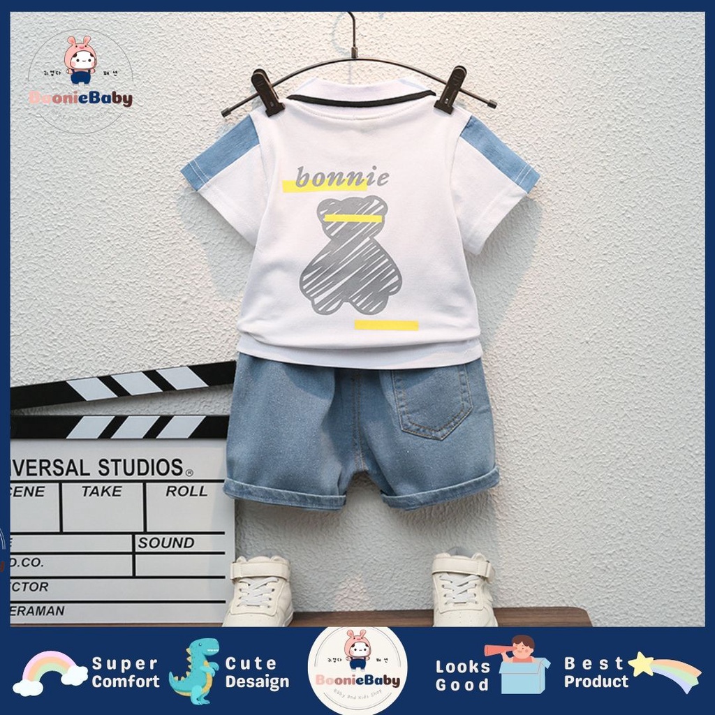 boonie [COD] setelan kaos polo celana pendek denim bear anak laki laki usia 1 2 3 4 5 fashion import SET SILVERBEAR