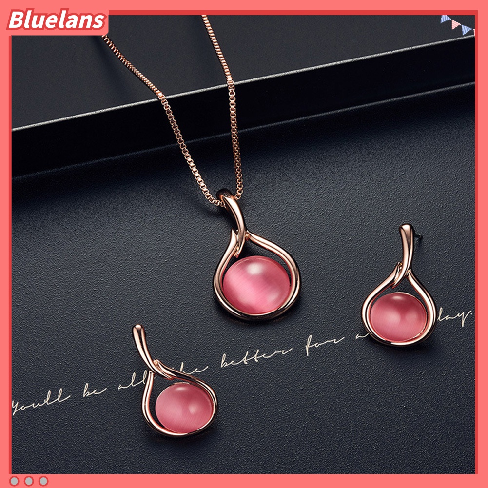 Set Perhiasan Kalung Anting Stud Liontin Opal Tiruan Bentuk Bulat Untuk Hadiah Wanita