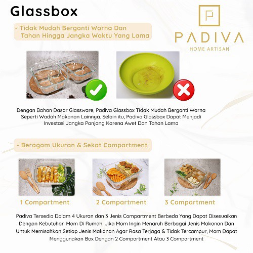 Padiva 640ml  (2pcs) Crystal Glassbox 1 compartment/ Tempat Makan bayi