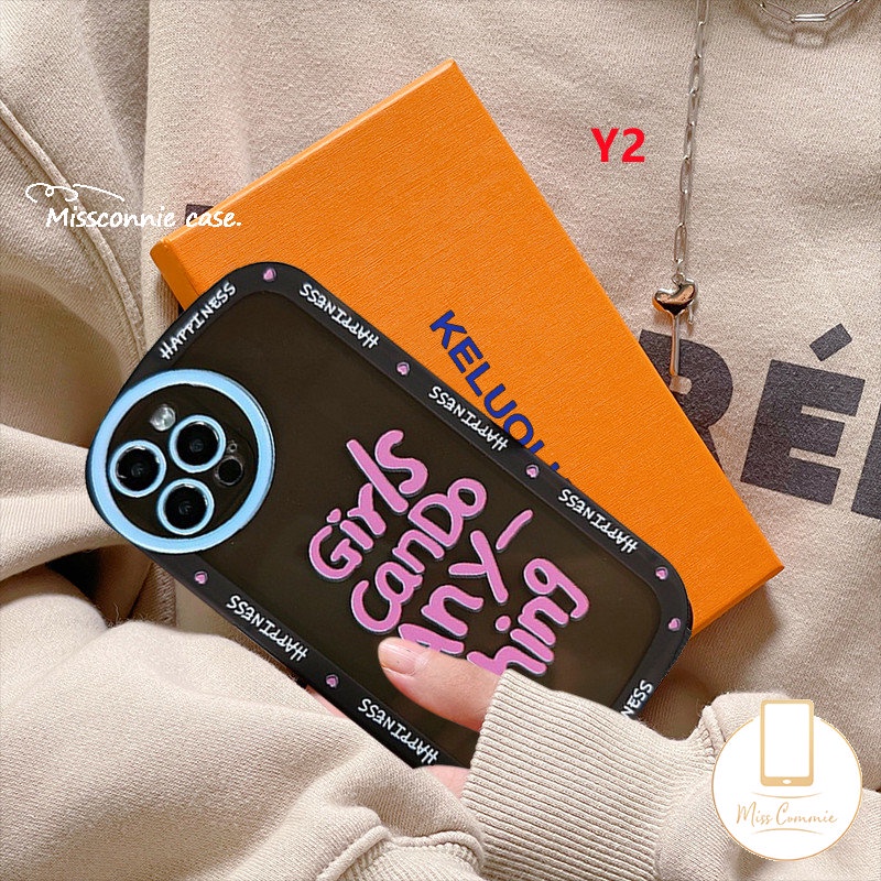 IPHONE Ins Fashion Label Huruf Telepon Case Kompatibel Untuk Iphone11 13 12 14 Pro MAX XR 6 6s 78 Plus XS MAX X SE 2020 Shockproof Airbag Lensa Bulat TPU Lembut Full Cover