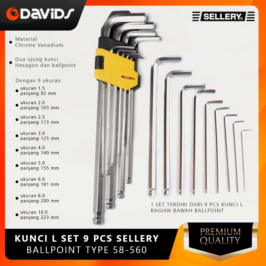 Kunci L Set Panjang Konci Baja Segi Enam 9 Pcs Ballpoint Sellery 58560