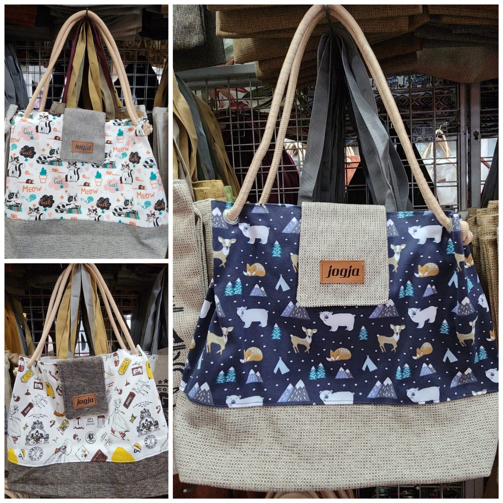 Tote Bag Wanita Motif Lucu Asli Jogja Tas Bahu Bahan Kanvas Tali Sumbu SlingBag Oleh-oleh Khas Jogja