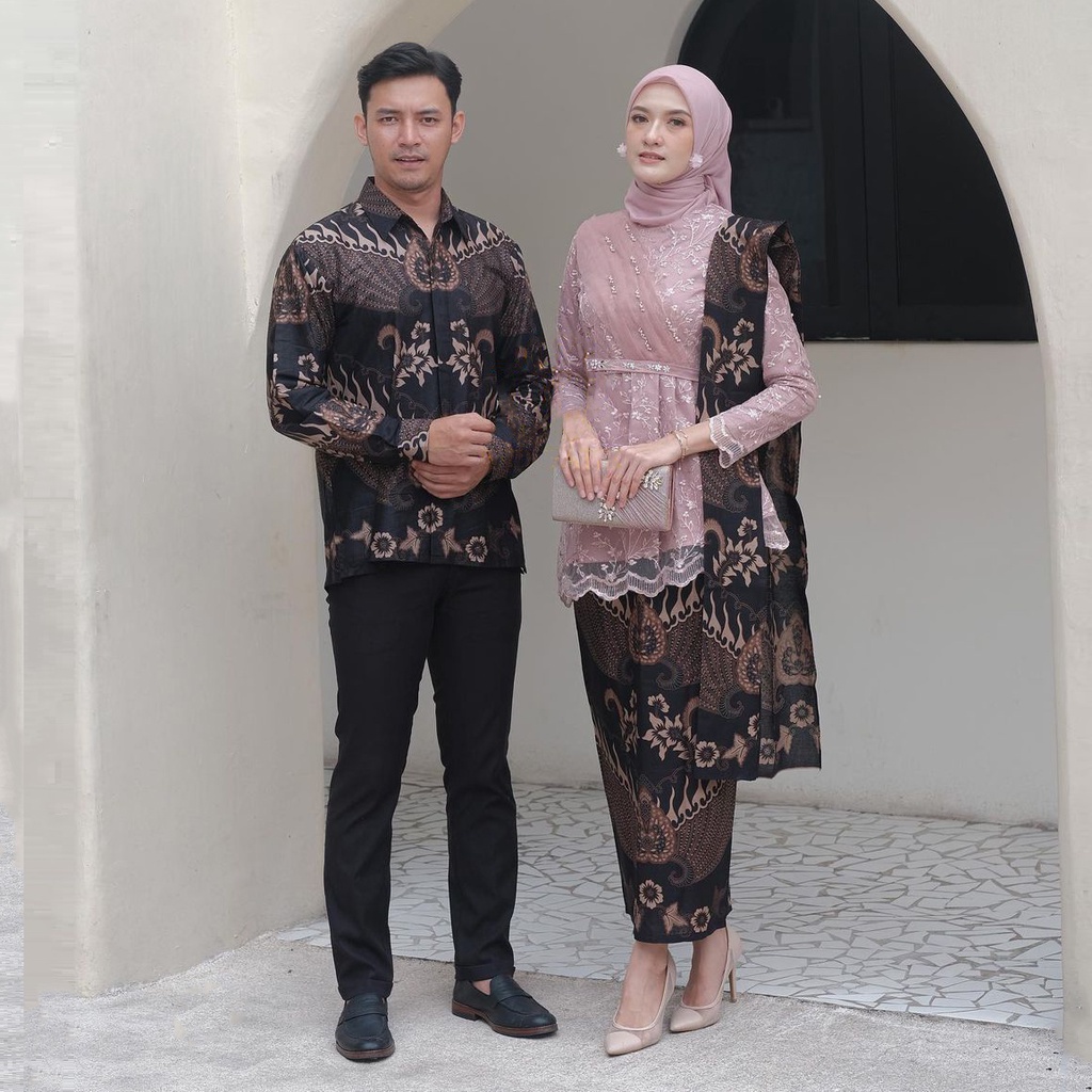 AZKANA BATIK - Batik Couple Kebaya Modern Dahlia Kebaya Brokat Tulle Modern Allsize Mix Payet Modern Kemeja Pria Lengan Panjang Size M,L,XL