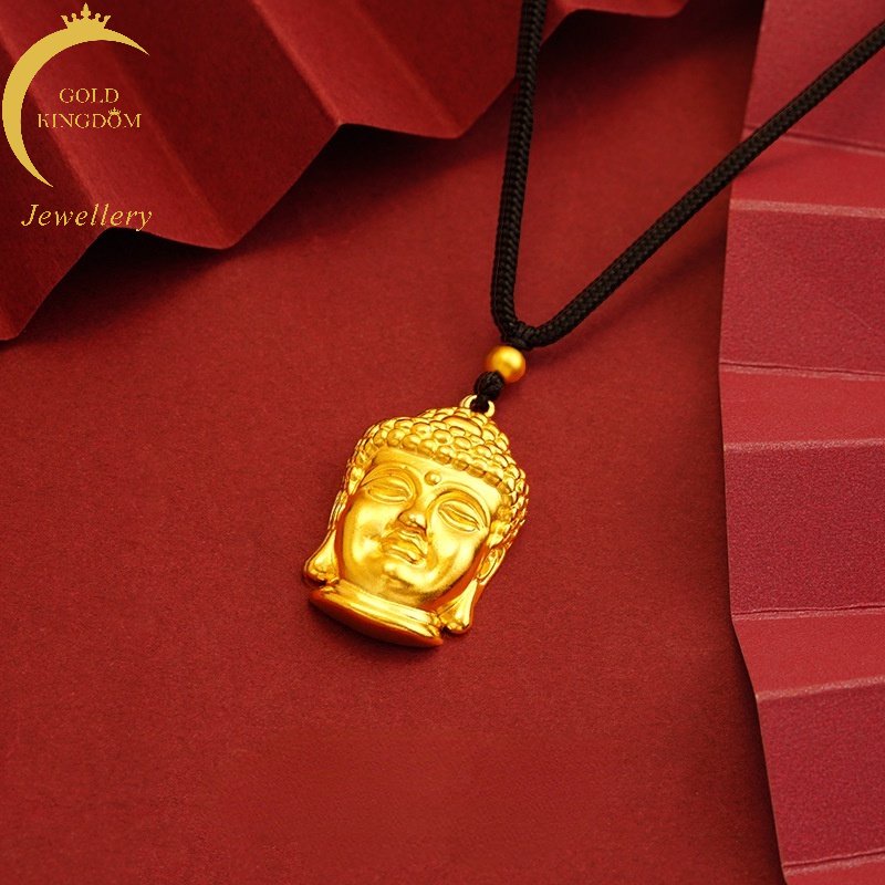 Goldkingdom Fashion Perhiasan Emas Asli Kadar 375 Bangkok Aksesoris Ready Stock Beruntung Buddha Kepala Liontin Adjustable Tali Lembut Retro Kalung