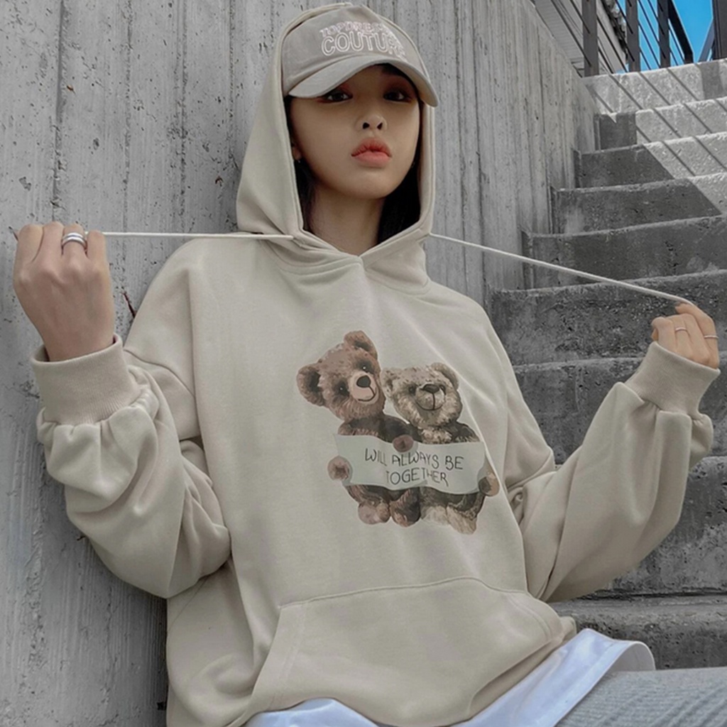 Hoodie Wanita Twin Bear Together - Korean Style Jumper - Bahan Fleece - Ukuran Allsize - Baju Wanita - Hoodie Pria