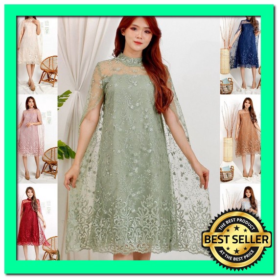 Baju Lace Dress Wanita Bahan Tulle Baju Pesta Party Brukat Lengan Pendek / Kebaya Dress (Dijamin Rea