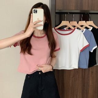 TJM BJ284 Baju Wanita Atasan Round Neck Short Sleeve Contrast Colour T-Shirt Kaos Wanita Lengan Pendek