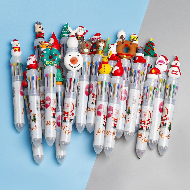 1pcs/lot Lucu Natal Santa Claus 10warna Bolpoin Kawaii Ditarik Rollerball Pen Hadiah Alat Tulis Kantor Sekolah