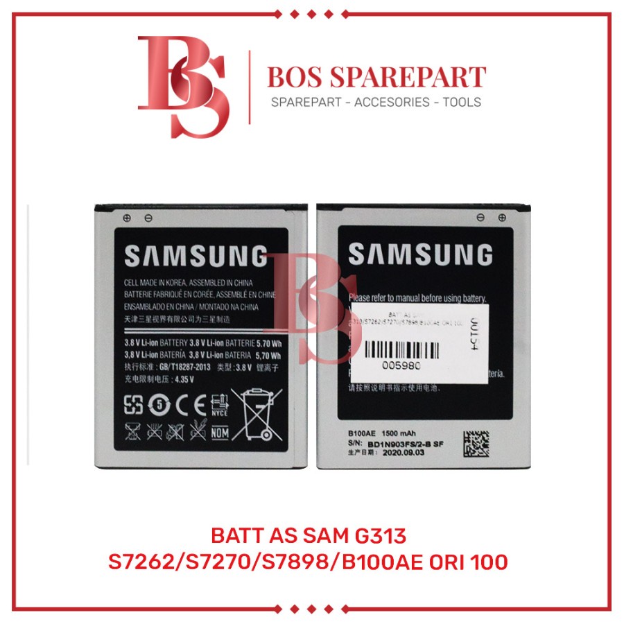 BATTERY AS SAMSUNG G313 / S7262 / S7270 / S7898 / B100AE ORI 100 / BATERAI / BATRE