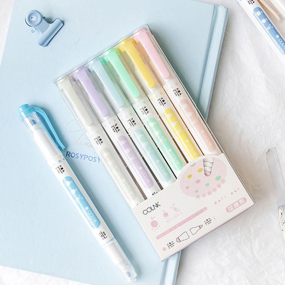 Lanfy Stabilo Pulpen 6 Pcs/Set Kawaii Lukisan Gaya Jepang Garis Tip Marker Pen Set Alat Tulis Kantor Berbentuk Dot Garis Tengah Warna Neon Bolpen