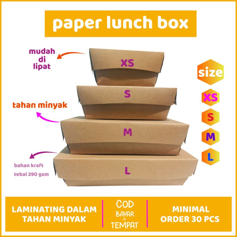 Lunch box paper Kraft coklat laminasi ukuran xs s m l kotak kardus kemasan makanan nasi kekinian teb