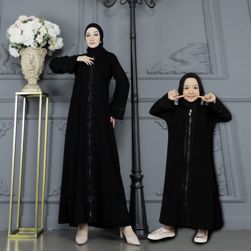 GAMIS SYAR’I ABAYA ZIPER BLACK (BUSUI) COUPLE MOM &amp; KIDS ELEGAN MURAH COD