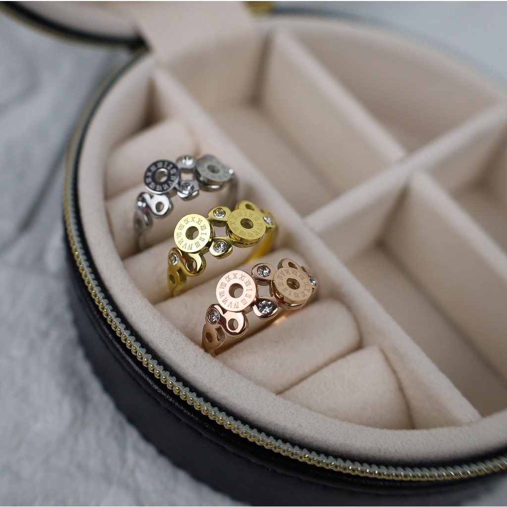 Cincin Angka romawi bolong zircon acak titanium korea anti karat harga grosir bisa cod
