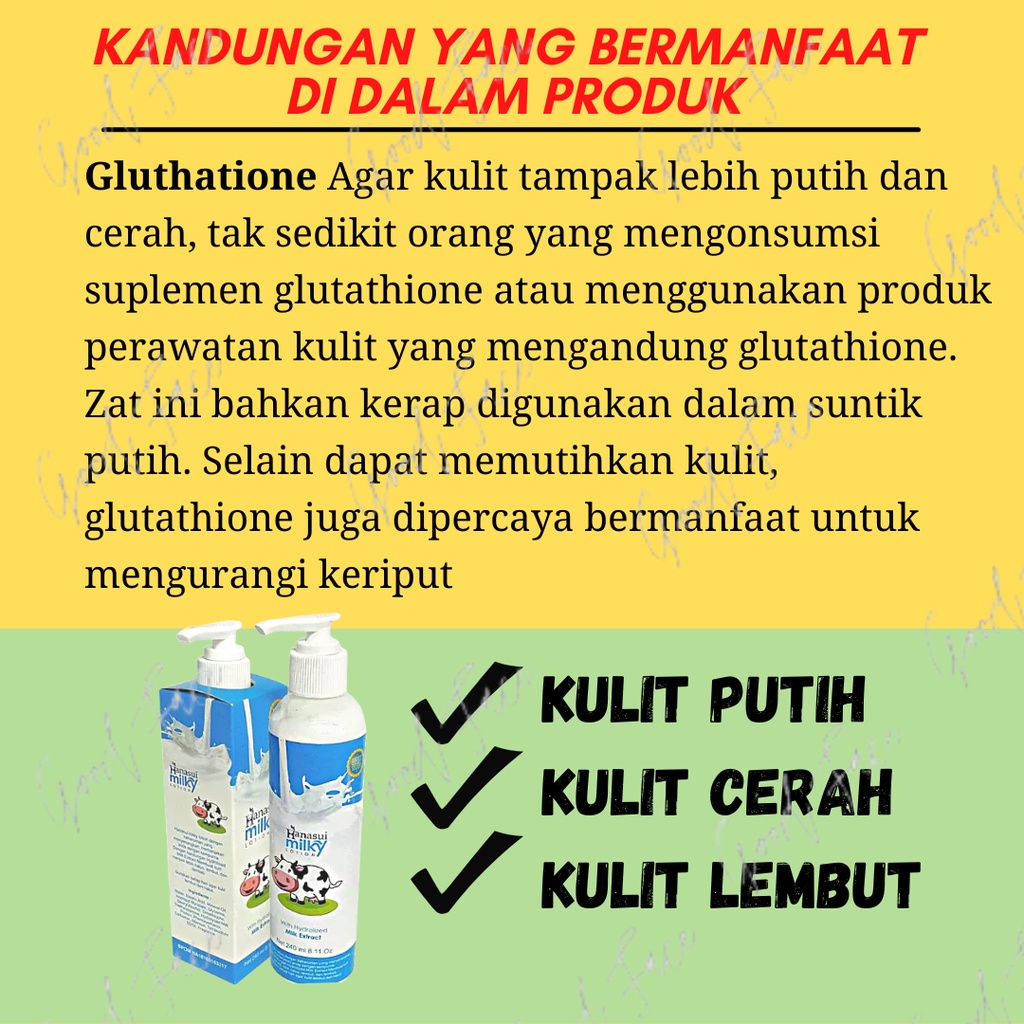 LOTION PEMUTIH BADAN HANASUI GLUTA MILKY PEMUTIH BADAN PERMANEN BODY WHITENING PEMUTIH BADAN BPOM