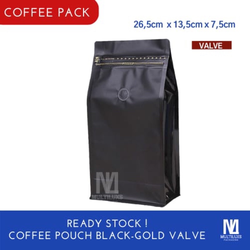 STANDING POUCH FLAT KOPI BLACK GOLD ZIPPER WITH VALVE PREMIUM/FLAT BOTTOM POUCH COFFE BEAN BAG KEMAS