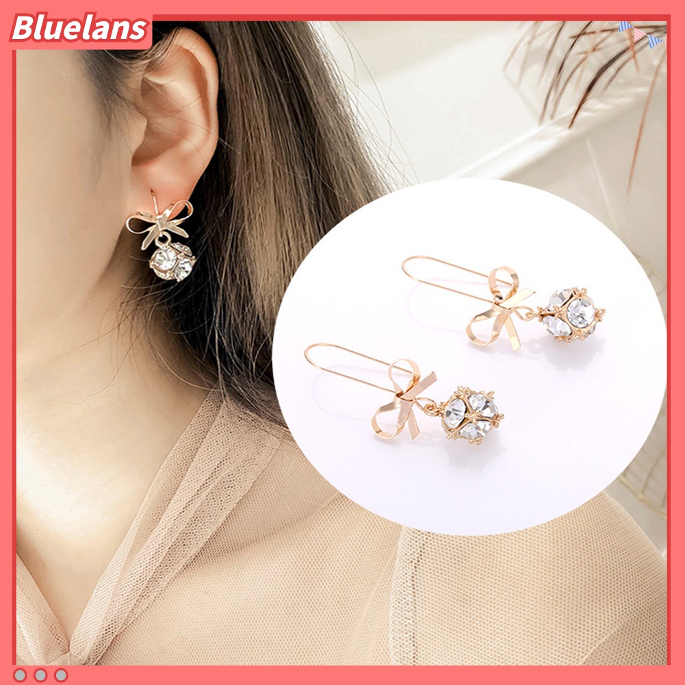 Anting Kait Gantung Wanita Desain Pita Hias Berlian Imitasi Berkilau Untuk Pesta / Hadiah