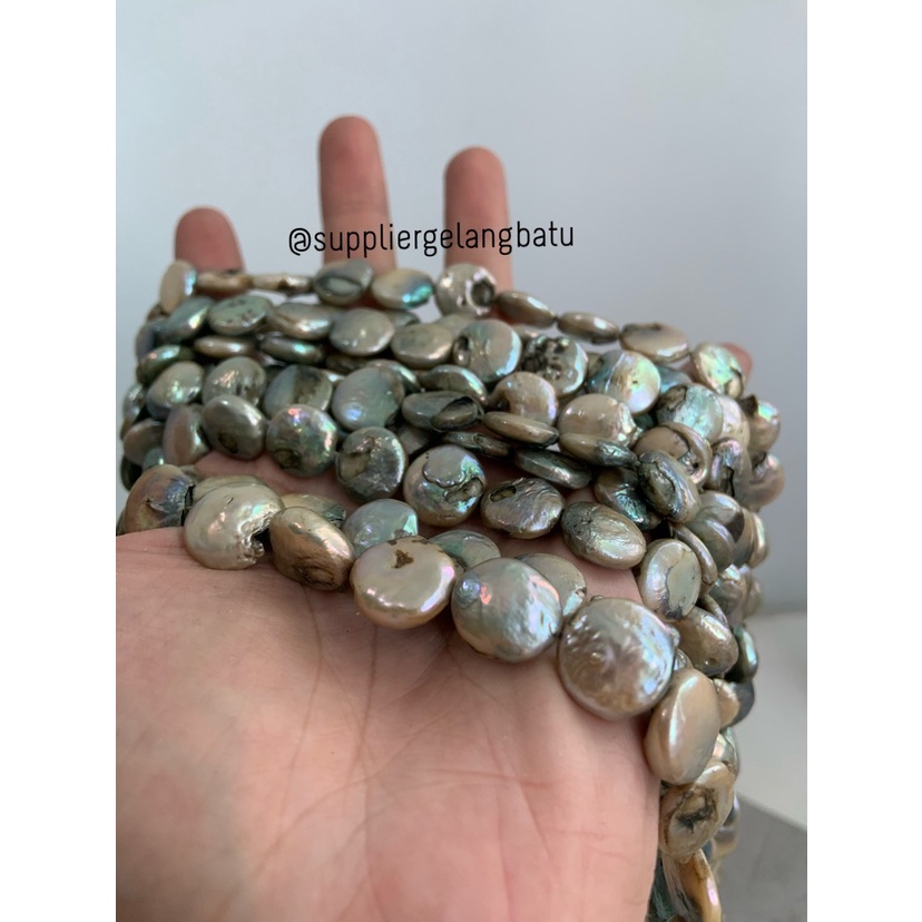 Mutiara KOIN GREEN GOLD 12mm Air Tawar Barok Bulat hijau emas pearl