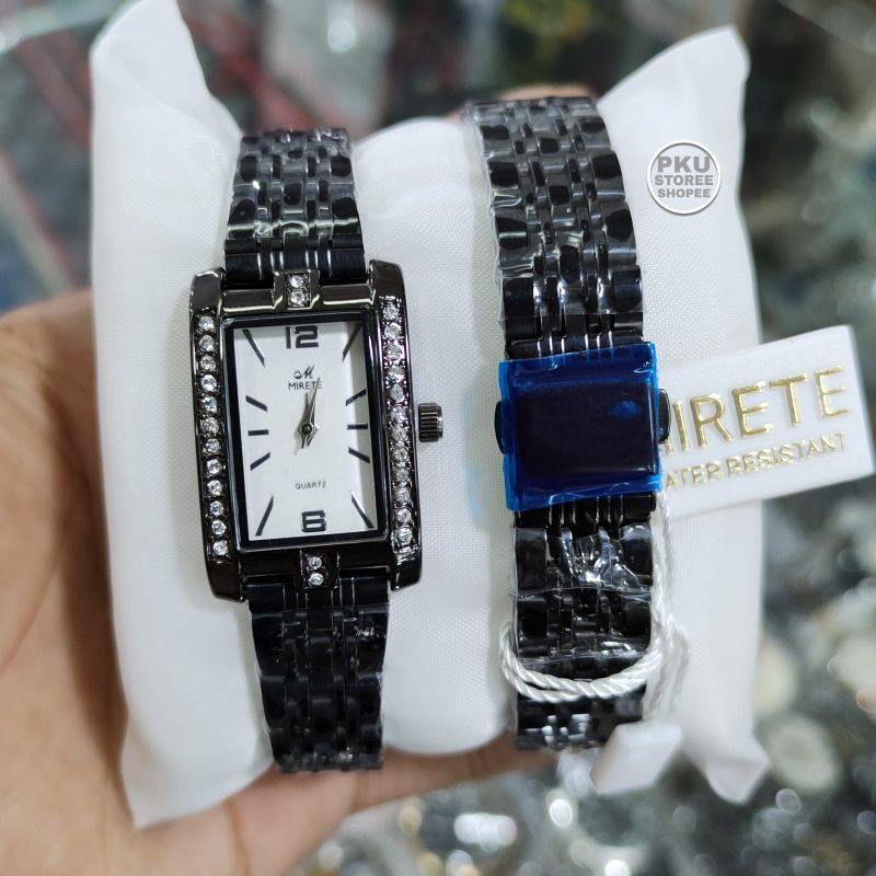 Jam Tangan Wanita Strap Rantai Persegi Panjang Motif Permata Mirete Original Anti Air Quar Analog / Jam Tangan Cewek Water Resistant  Import Motif Permata Mewah / Jam Tangan Kasual Wanita Terbaru Terlaris COD Realpick READY stok MIRETE ORIGINAL /JAM cewek