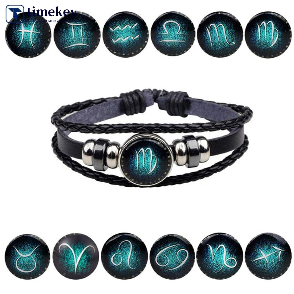 Timekey Gelang Tali Kulit Kepang Multilayer Dengan Charm Bulat Motif Zodiak Untuk Priawanita W9Z1