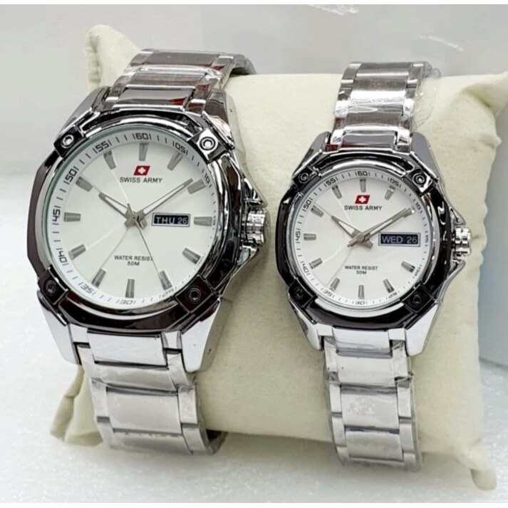 Jam Tangan Couple Swiss Rantai Terbaru Army Hari Tanggal Aktif / Jam Tangan Analog Pria Wanita Termu