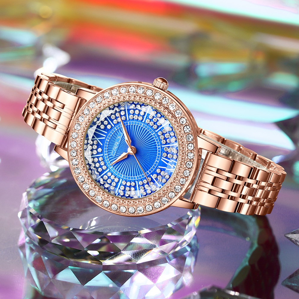 Jam Tangan Wanita CRRJU Fashion Mewah Berlian Jam Tangan Gadis Gaun Sederhana Gelang Jala Tahan Air Jam Kuarsa dengan Jam Asli