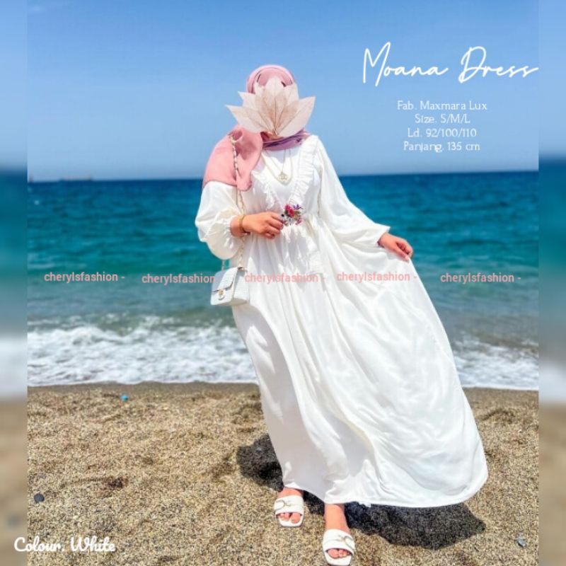 NEW ARRIVAL BEST SELLER TERLARIS MOANA DRESS MUSLIM GAMIS WANITA PUTIH TERBARU OOTD PANTAI