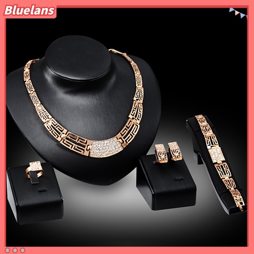 Bluelans Evening Party Crystal Hollow Out Necklace Earring Bracelet Ring Jewelry Set