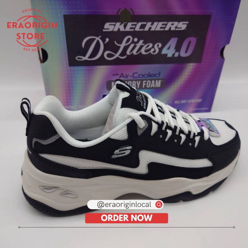 Sneakers Wanita Skechers D'lites 4.0 Black White Original