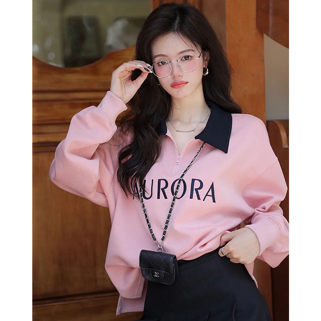 Sweater Wanita | Sweater AURORA Kerah Ziper Oversize | Sweater Outfit Wanita Korean Style Kekinian