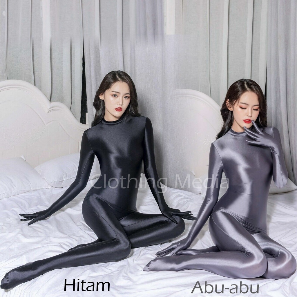 Bodysuit Full Silky Menutup 5 Jari Tangan Resleting Belakang Glossy Halus