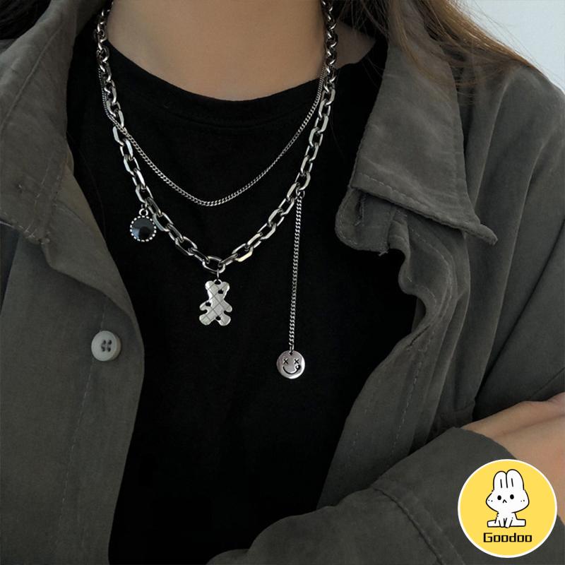 COD Kalung Rantai wanita silver Klavikula Desain Beruang Tersenyum Gaya Korean Fashion kalung Liontin Hip Hop Untuk Aksesoris -Doo