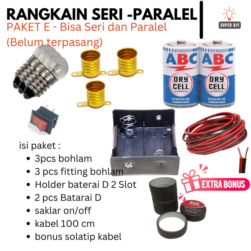 PAKET RANGKAIAN LISTRIK LAMPU SERI PARALEL / UNTUK BAHAN PRAKTEK KELAS 6 SD /  RANGKAIAN SERI / RANGKAIAN PARALEL / BOHLAM SENTER / FIITING LAMPU / KABEL / SAKLAR / PRAKTEK FISIKA / ANGKAIAN EDUKASI / PRAKARYA