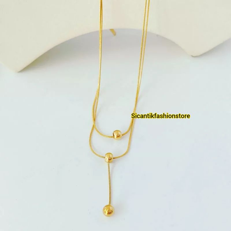 Kalung Titanium Gold Liontin Boba 2 Layer Terbaru Anti Karat Selamanya Kalung Wanita Korea 2 Layer Kalung K5 Gold Liontin Boba Viral 2 Layer