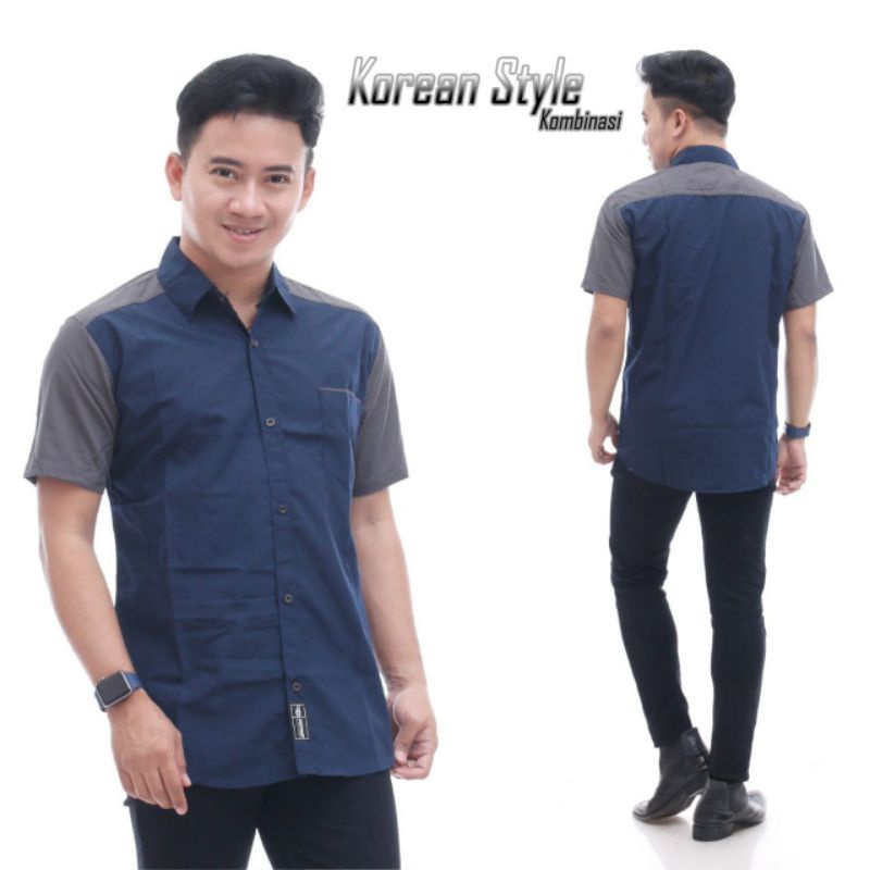 Kemeja Pria Polos Kombinasi Lengan Pendek Panjang Bahan Katun Polpin M L XL