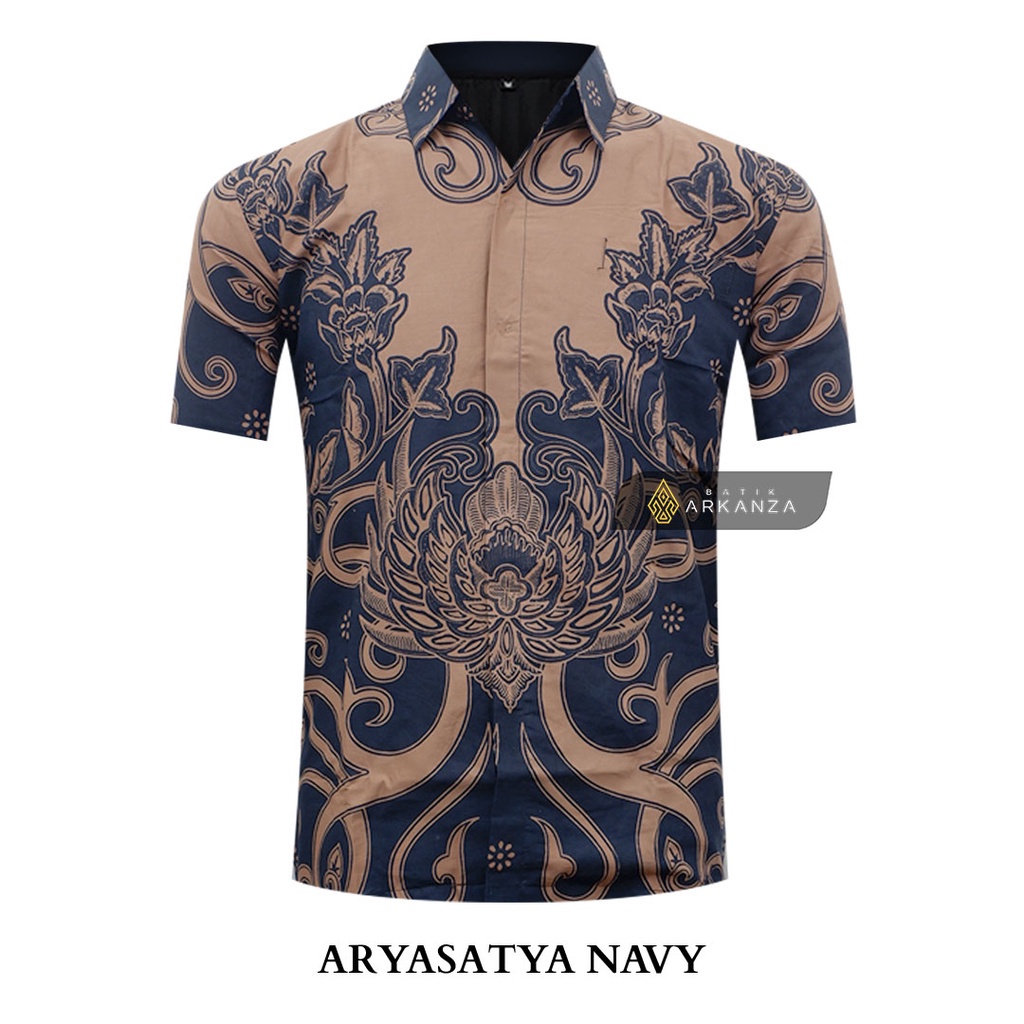 BATIK ARKANZA Motif ARYASATYA NAVY Hem Atasan Kemeja Baju Batik Pria Cowok Laki Laki Slimfit Memakai Furing Lengan Panjang