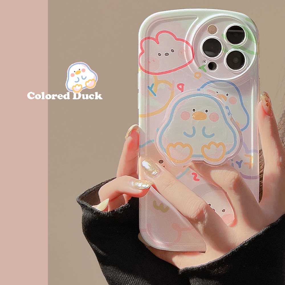 Case Cover Handphone Motif Sketsa Kartun Bebek Imut Dengan Holder Untuk Iphone 11 / 12 / 13 / 14plus / PRO MAX