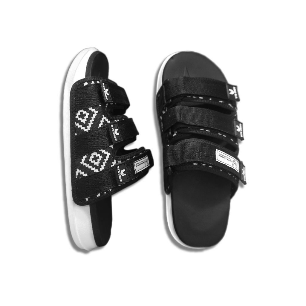 Sandal Slide pria  Anti Slip Velcro Kanvas Motif Batik Hitam Putih Velcro WTR Crow Combet Dewasa