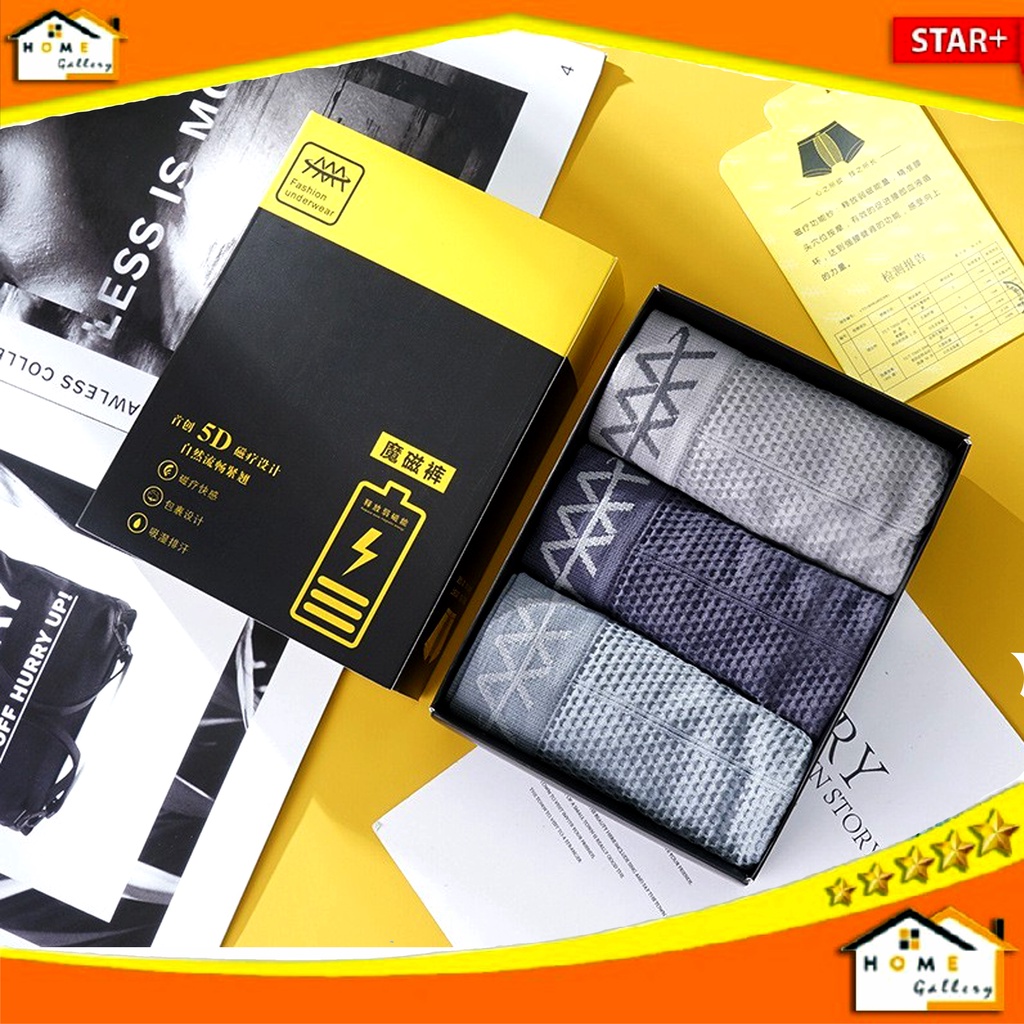Boxer Kesehatan Pria Isi 3 Pcs Celana Dalam Pria Katun Boxer 5D Magnetic Untuk Kesehatan Vitalitas P