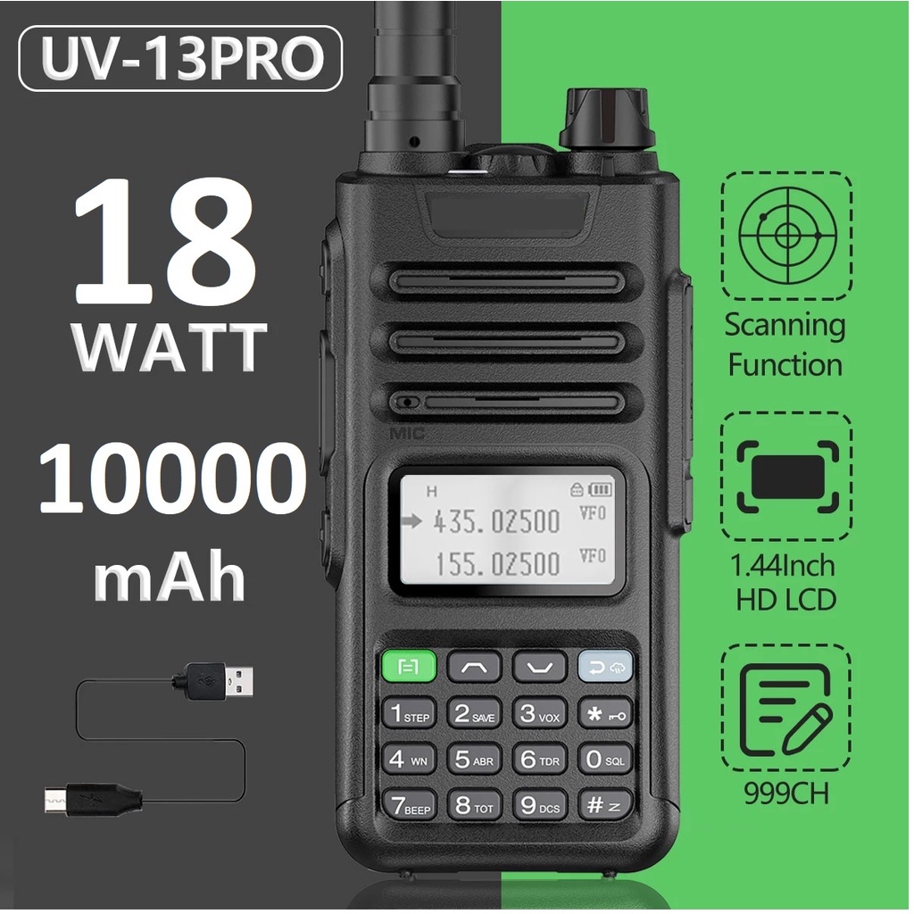 AKN88 - HT BF UV-13 PRO Walkie Talkie Dual Band 18W 10000mAh Screen 1.44 inch 999CH