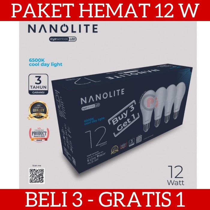PAKET 3 GRATIS 1 NANOLITE LAMPU LED BULB 12 WATT 12W Cahaya Putih
