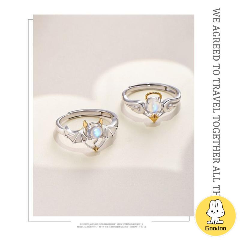 Perhiasan Cincin Pasangan Perak Biru Moonstone Malaikat Setan -Doo