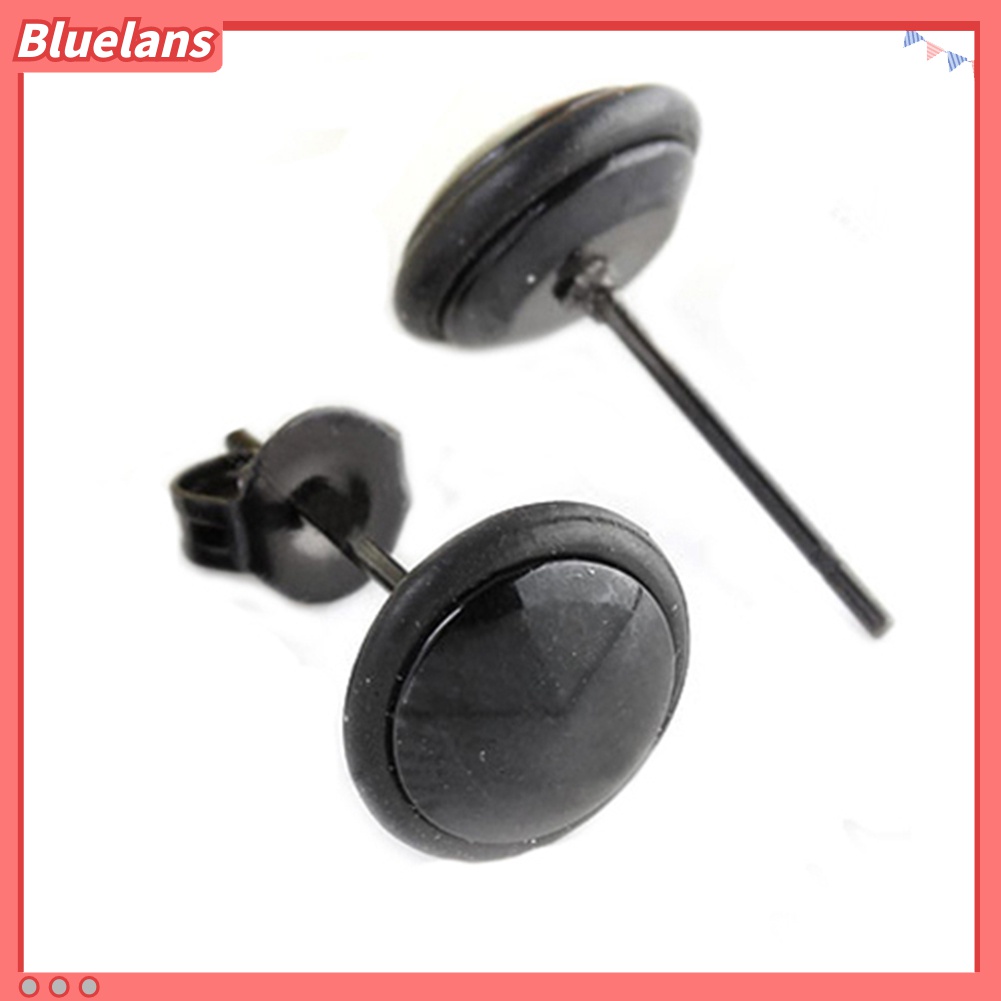 1 Pasang Anting Stud Bentuk Bulat Bahan Stainless Steel Warna Hitam Untuk Pria Dan Wanita