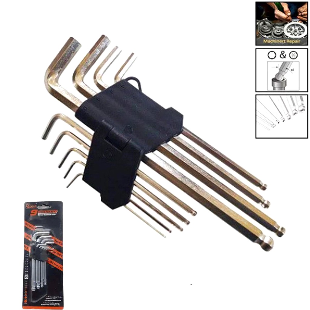 Kunci L Panjang Ujung Bulat Set 9 PCS Hex Key Wrench - Set Kunci L Panjang