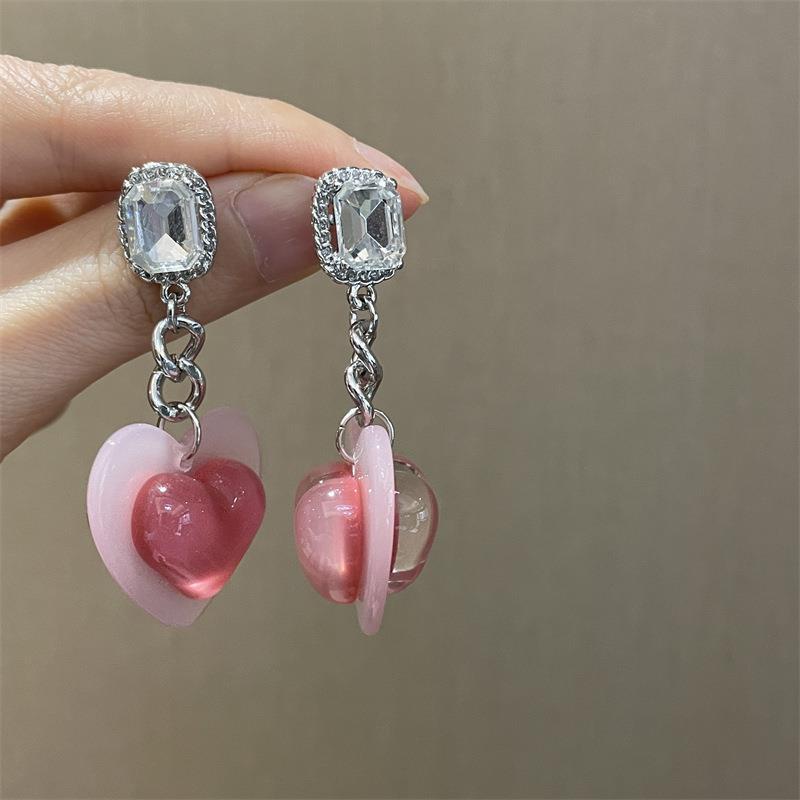 Anting Tusuk Gantung Bahan Sterling Silver 925 Desain Hati Hias Zircon Warna Pink Gradasi Untuk Wanita